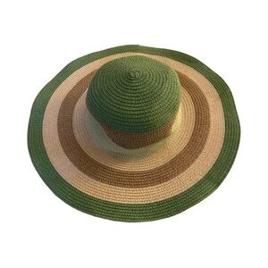 Shoe Shack Sun Hat - OSFM green /tan -cream striped , straw